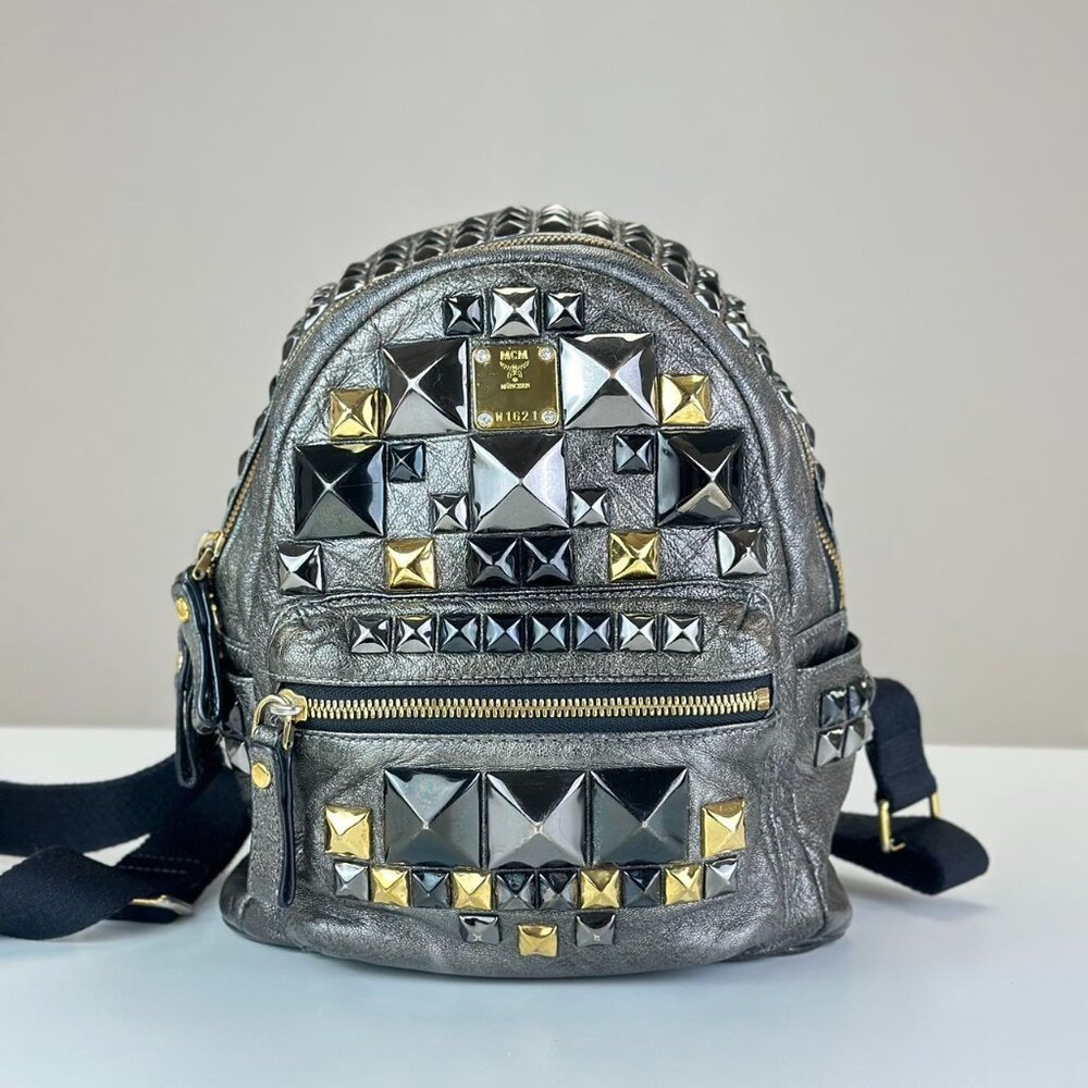 MCM Grey Leather Mini Backpack